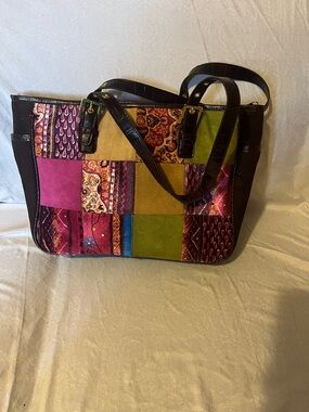 Patchwork Multicolor Tote Bag - Green, Pink & Brown